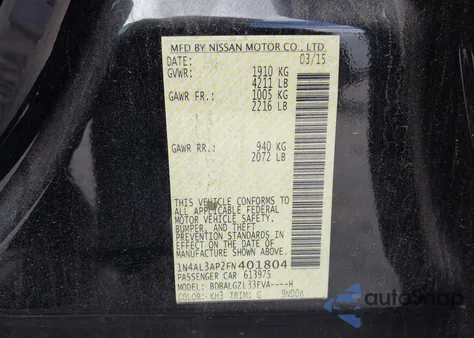 2015 Nissan Altima 2.5 S z USA, uszkodzony, nr VIN 1N4AL3AP2FN401804